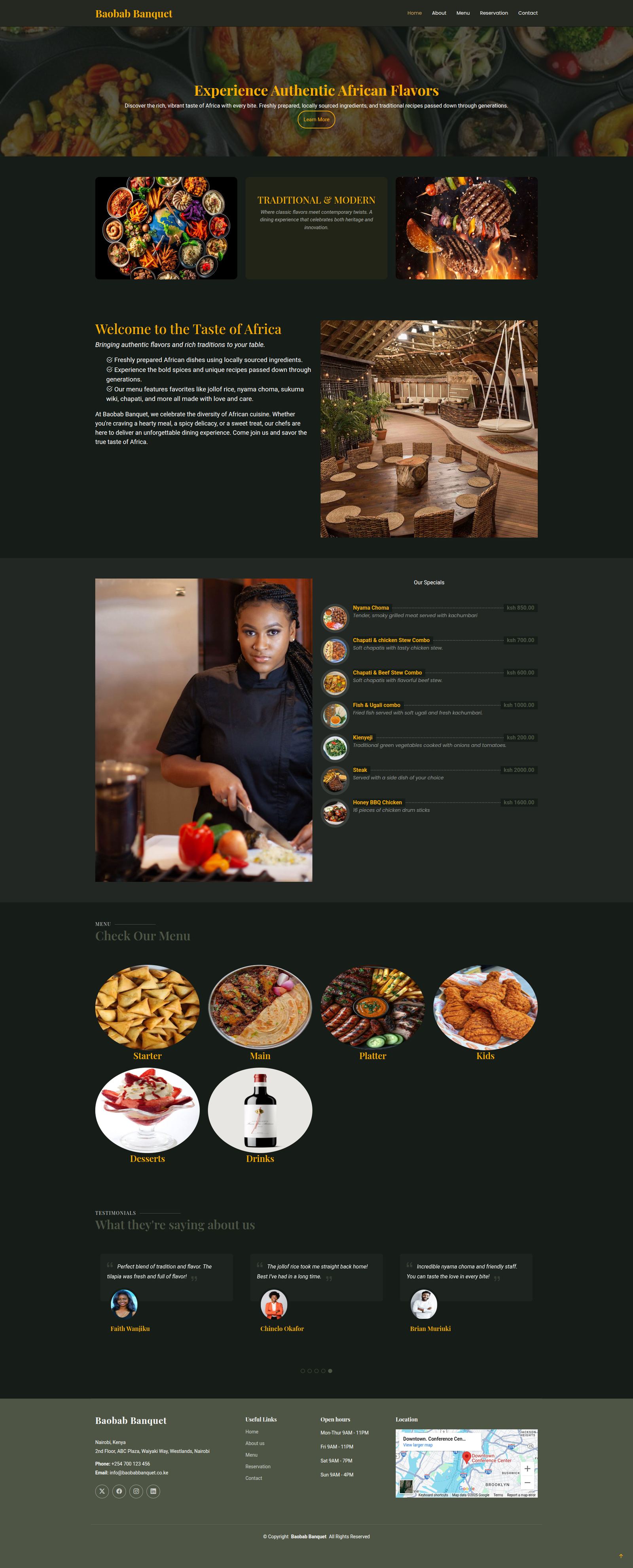 Baobab Website project screenshot, Restaurant Website